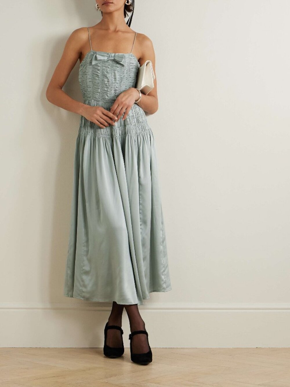 NWT DÔEN Ambrosia Dusty Blue Shirred Silk Satin Midi Dress S Retail $598